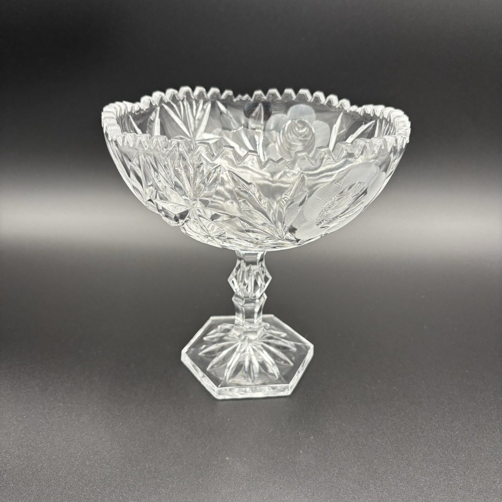 Crystal Cut Glass Pedestal Compote Rose Pattern‎ Scalloped 6 Side Base 7"